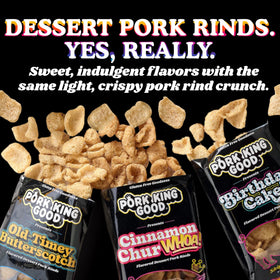Pork King Good Birthday Cake pork rinds in a 3 oz bag with festive sweetness