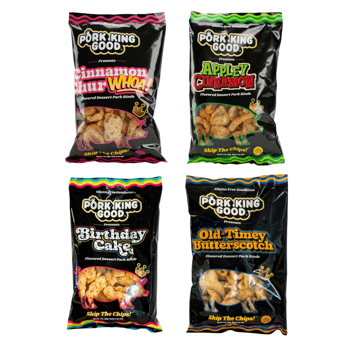 Pork King Good Cinnamon ChurWHOA pork rinds in a 3 oz bag with bold dessert flavor