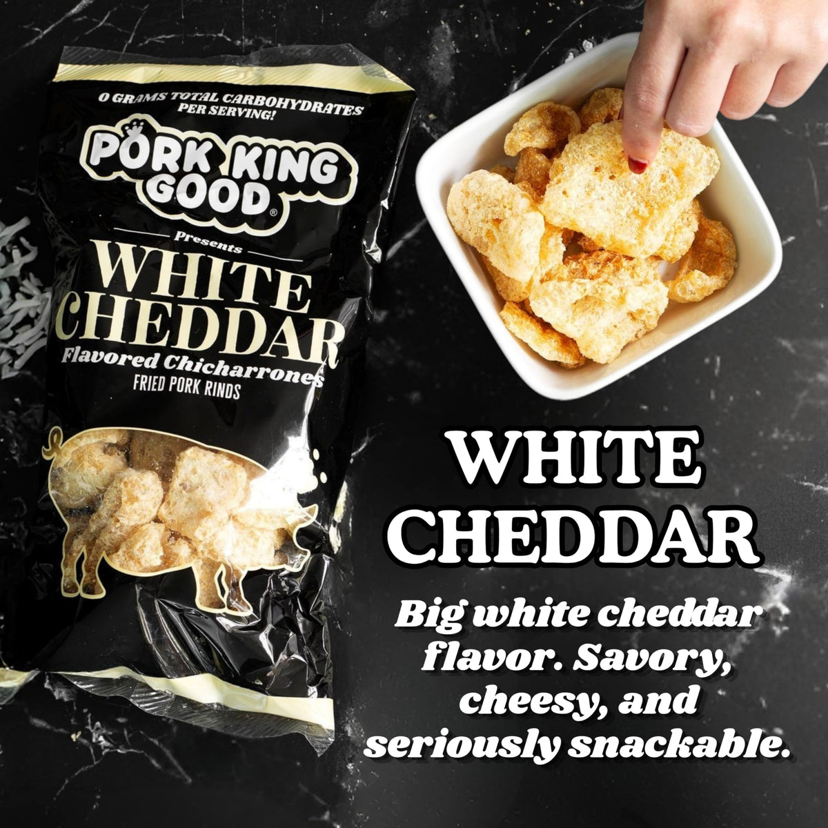 Pork King Good crispy pork rinds closeup, highlighting cheesy flavor for snacking.