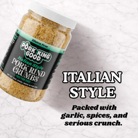 Pork King Good crumbs used as breading for chicken, keto-friendly coating.