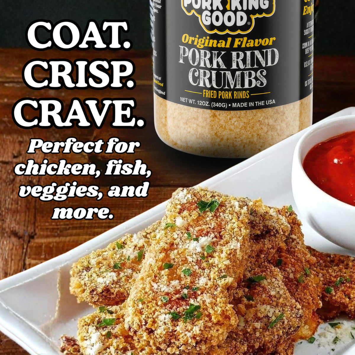 Pork King Good crumbs coating fish for keto crust