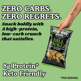Pork King Good dill pickle pork rinds 4-pack box, great for sharing.