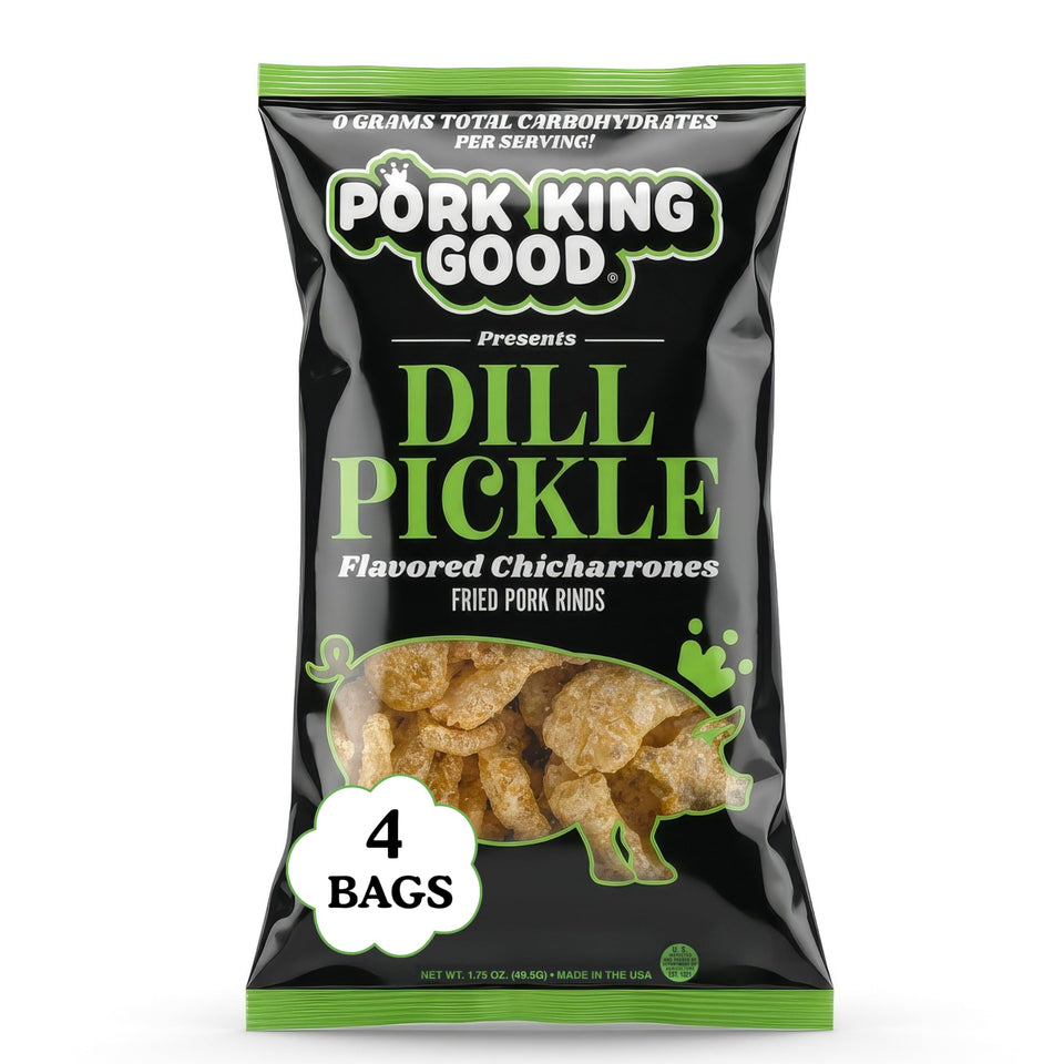 Pork King Good dill pickle pork rinds in bag, zero carbs per serving.