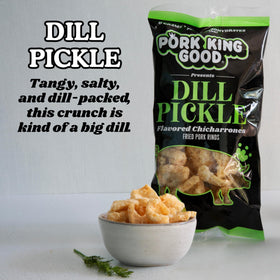 Pork King Good dill pickle pork rinds close-up, crispy texture for snacking.