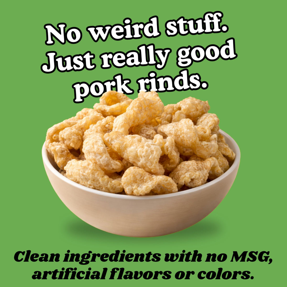Pork King Good dill pickle pork rinds kitchen scene, ready to enjoy.