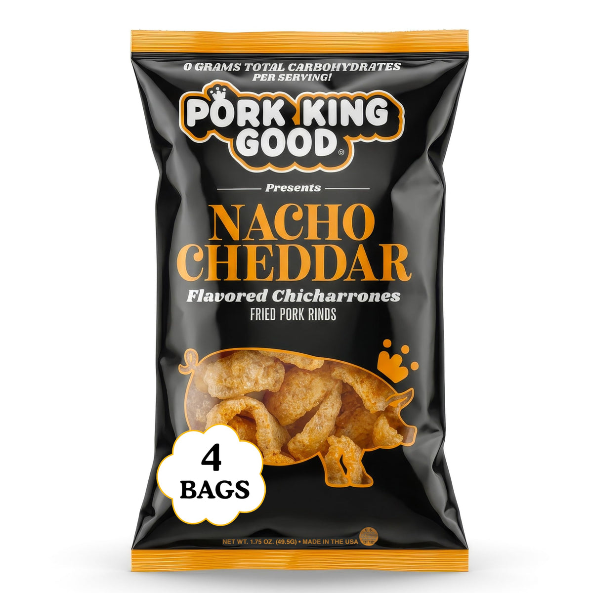 Pork King Good Nacho Cheddar pork rinds 4-pack pack shot, crunchy low-carb snack