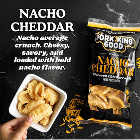 Pork King Good Nacho Cheddar bag closeup highlighting crisp texture