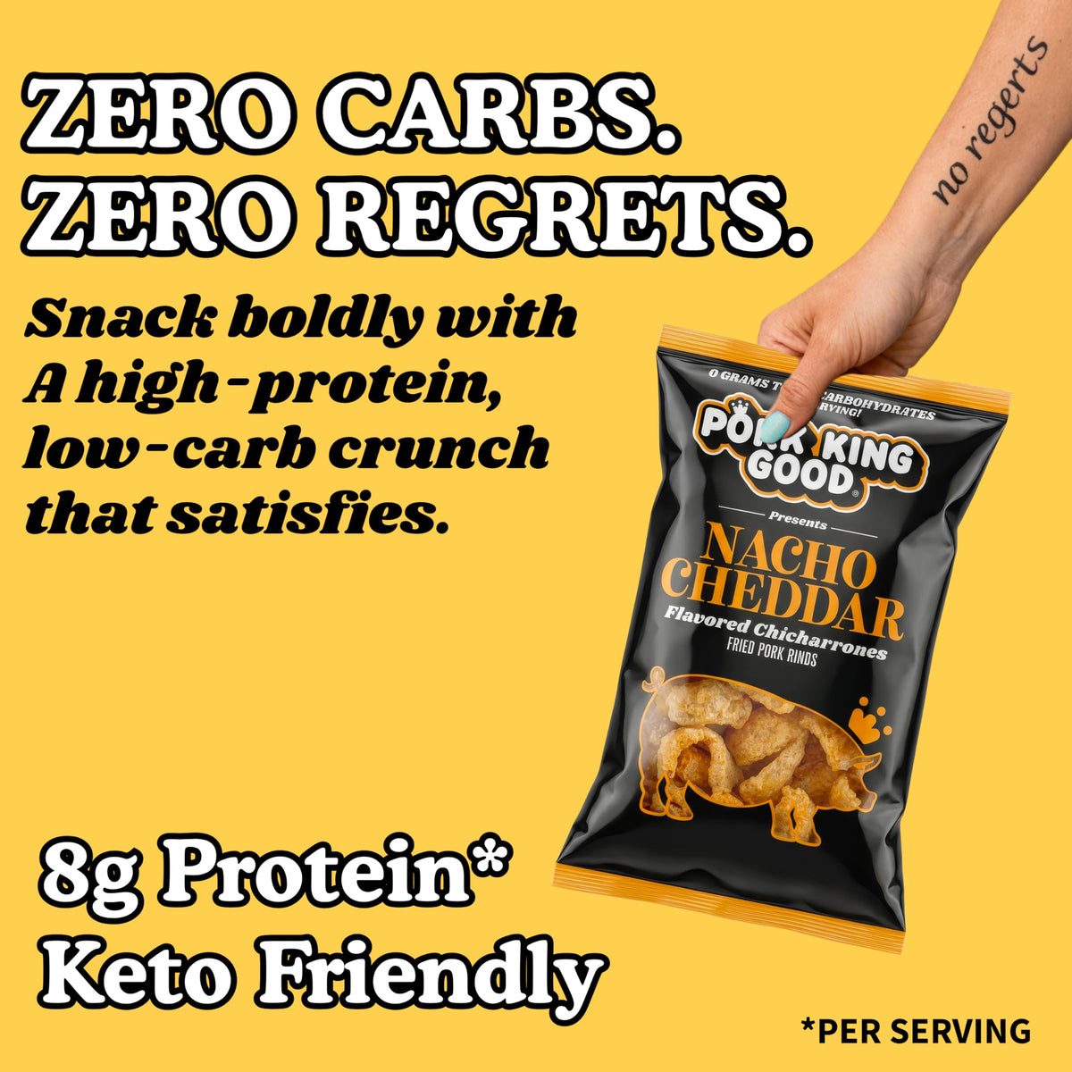 Pork King Good Nacho Cheddar pork rinds on plate for sharing