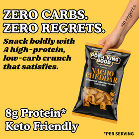 Pork King Good Nacho Cheddar pork rinds on plate for sharing