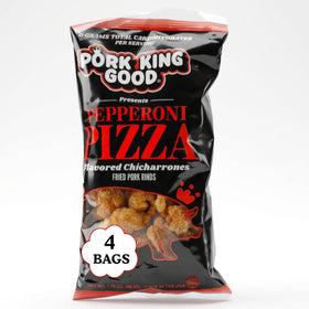 Pork King Good Pepperoni Pizza Pork Rinds bag front; crispy, flavorful snack.