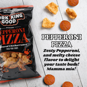 Pork King Good Pepperoni Pizza pork rind closeup shows crisp texture.