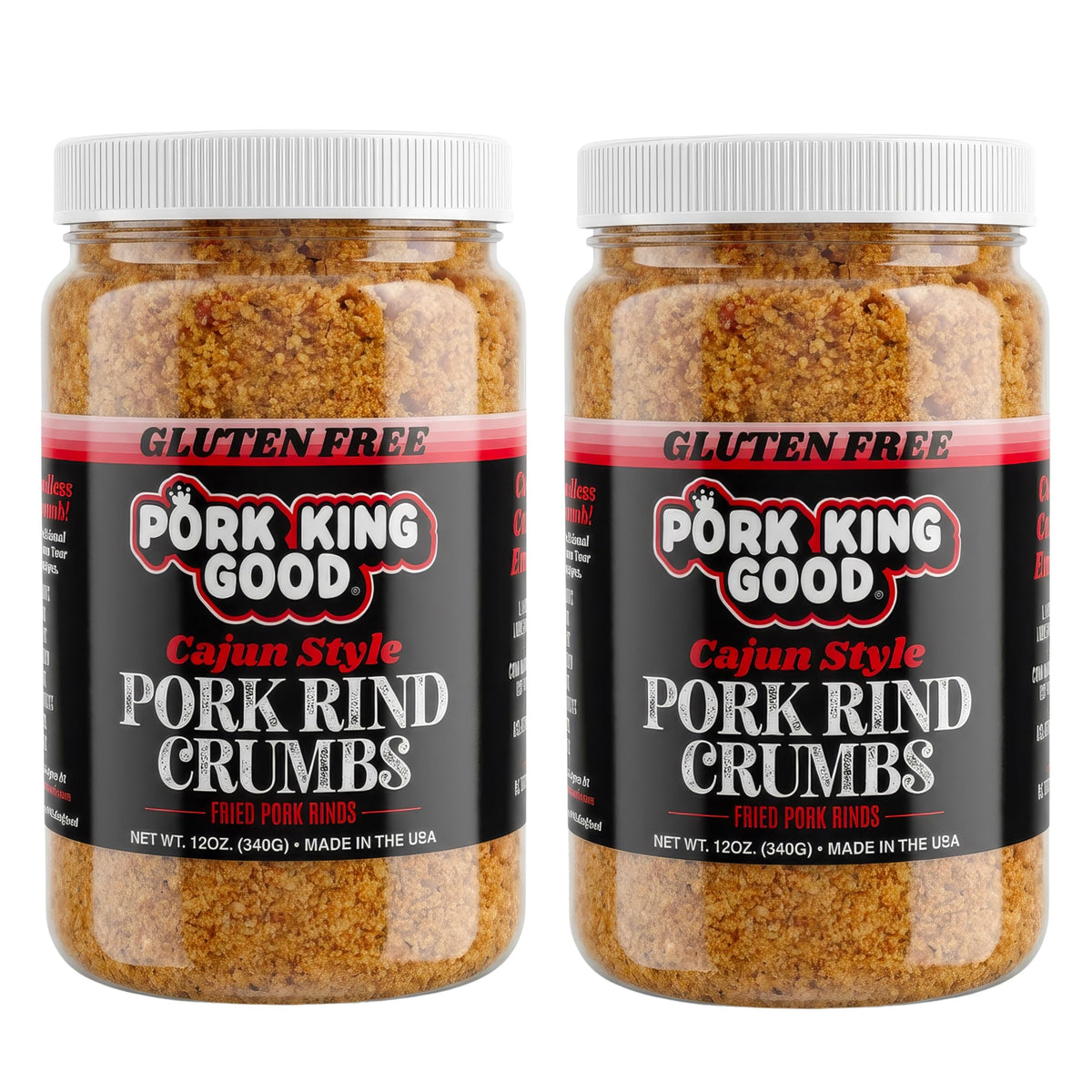 Pork King Good spicy Cajun pork rind breadcrumbs in a two-pack jar for low-carb cooking