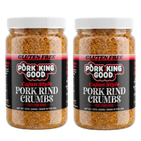 Pork King Good spicy Cajun pork rind breadcrumbs in a two-pack jar for low-carb cooking