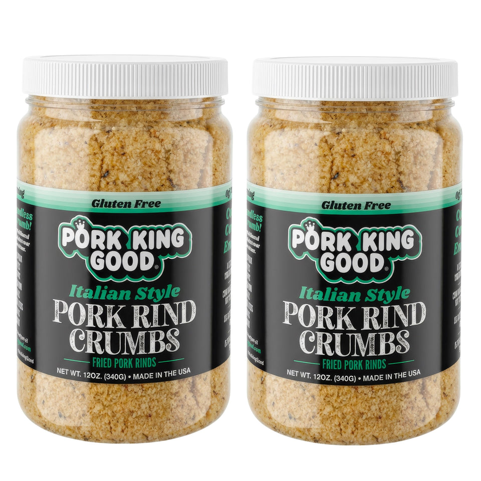 Pork King Good pork rind crumbs in a two-pack jar front view, ideal for quick cooking.