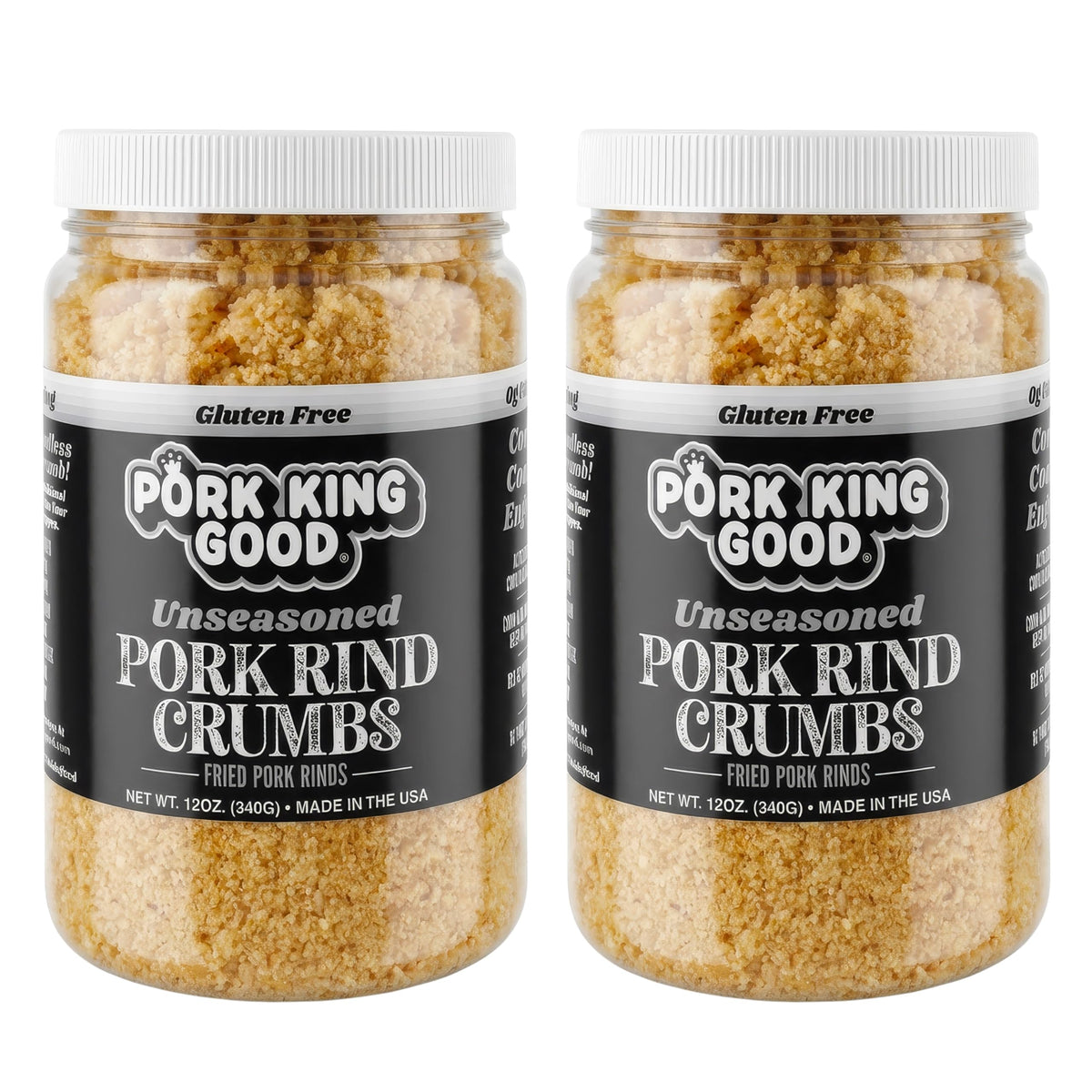 Pork King Good pork rind crumbs jar closeup for easy low-carb coating.
