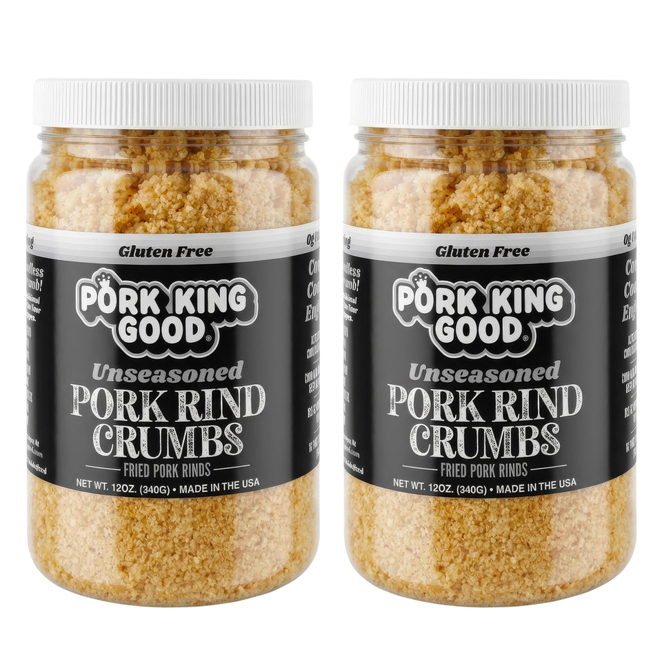 Pork King Good pork rind crumbs jar closeup for easy low-carb coating.
