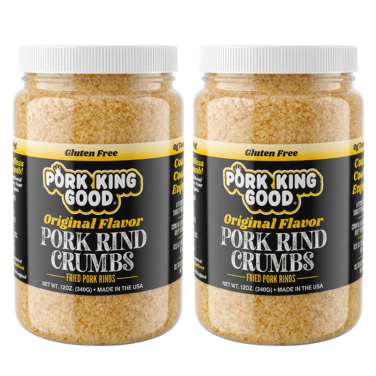 Pork King Good pork rind crumbs jar closeup for easy measuring and use