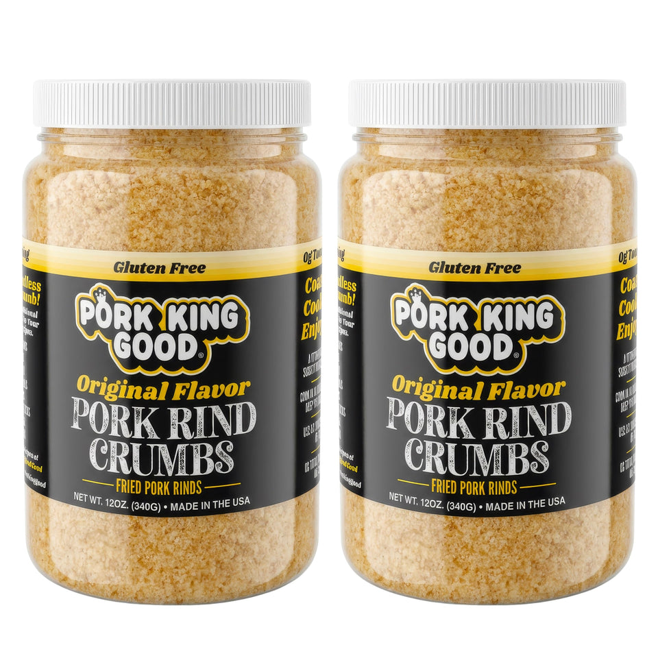 Pork King Good pork rind crumbs jar closeup for easy measuring and use