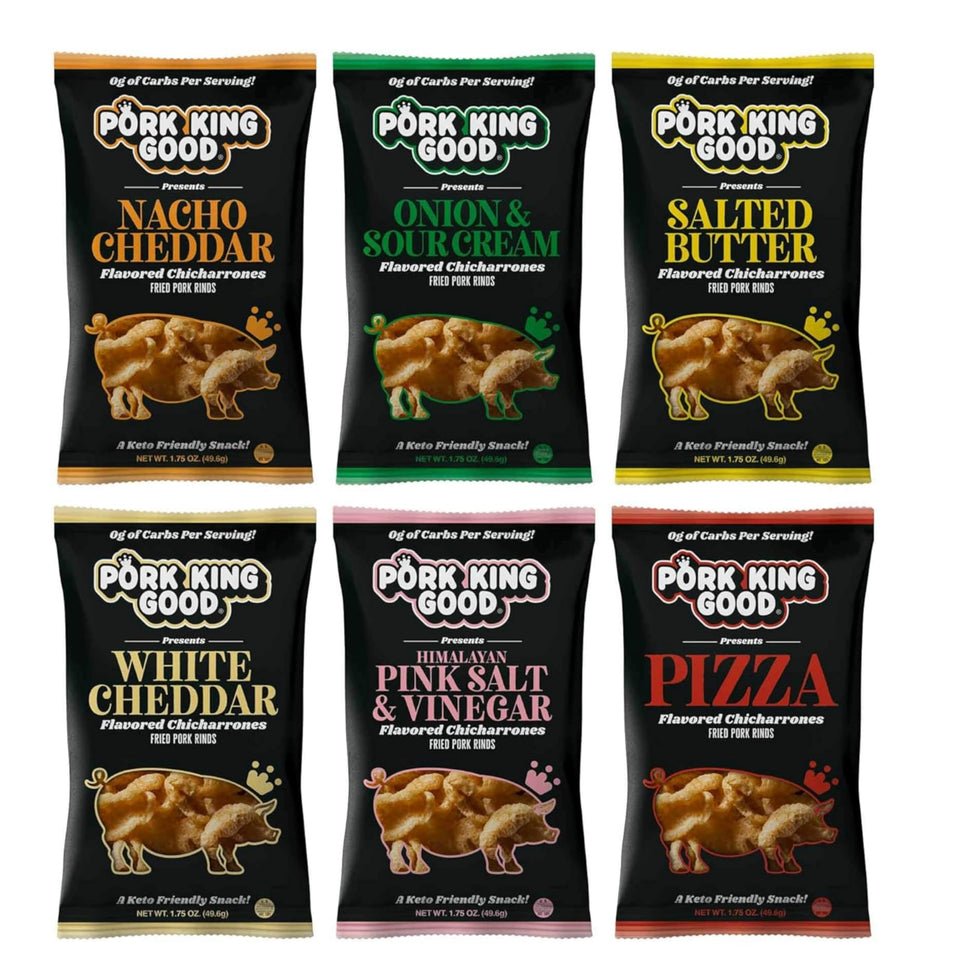 Pork King Good 6-pack pork rinds variety display for tasting.