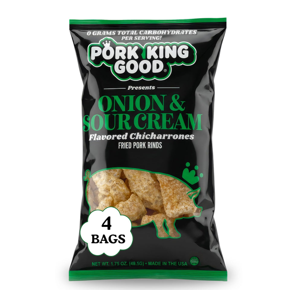 Pork King Good Onion Sour Cream pork rinds in a bag with bold flavor