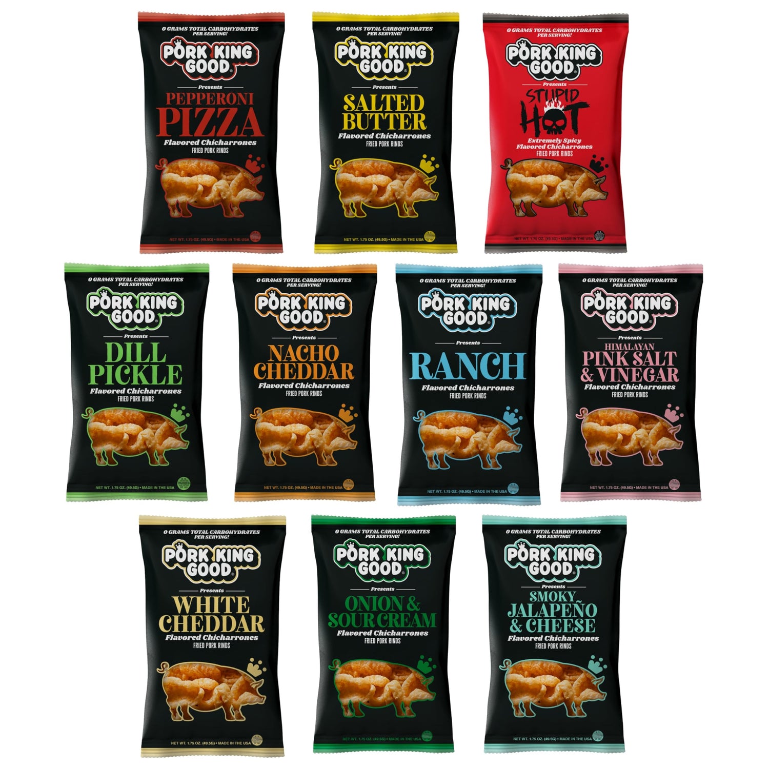 Pork King Good Pork Rinds Variety Pack front view for gluten-free keto snacking.