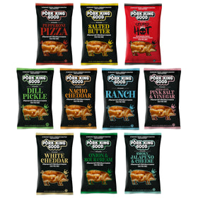 Pork King Good Pork Rinds Variety Pack front view for gluten-free keto snacking.