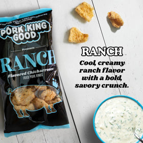 Pork King Good ranch pork rinds crisp close-up for satisfying crunch.
