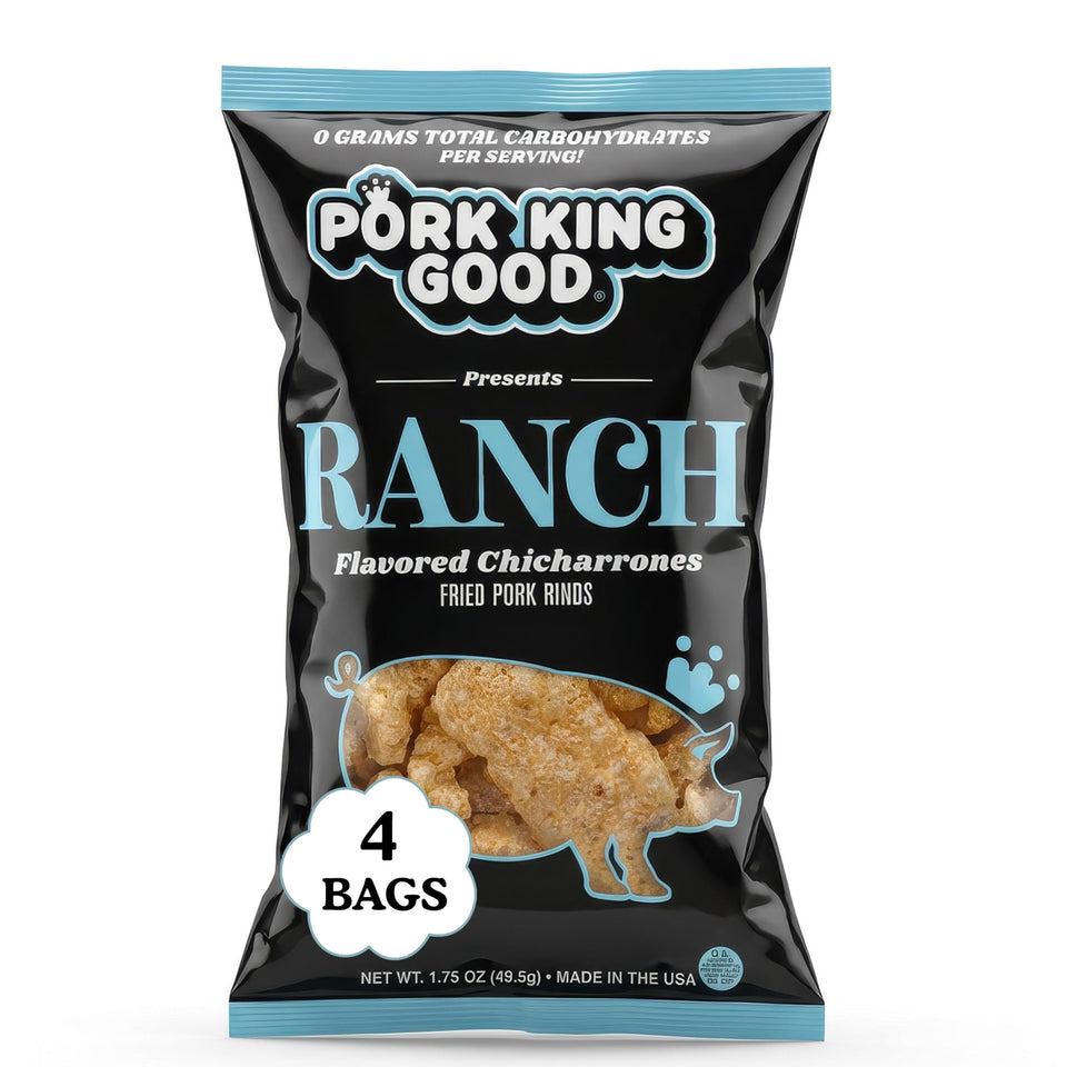 Pork King Good Ranch Pork Rinds pack front, convenient four-pack snack.