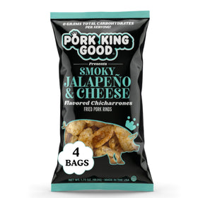 Pork King Good smoky jalapeño cheese pork rinds in bag, keto-friendly crunch and bold flavor