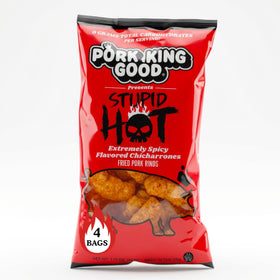 Pork King Good Stupid Hot pork rinds in a bag, bold spicy snack for heat lovers.