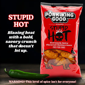 Spice dusting on Pork King Good Stupid Hot pork rinds highlighting flavor.