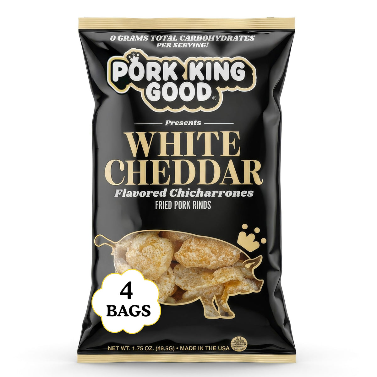 Pork King Good White Cheddar pork rinds 4-pack on display, a low-carb crunch option.