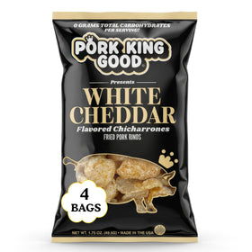 Pork King Good White Cheddar pork rinds 4-pack on display, a low-carb crunch option.
