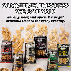 Pork King Good white cheddar pork rinds bag with bold crunch.