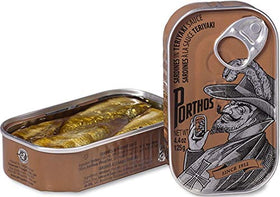 Porthos sardines teriyaki tin closeup with glossy glaze.