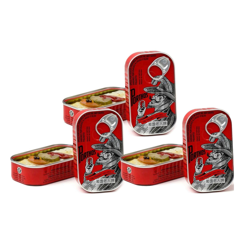 Porthos spiced sardines in hot olive oil in a 3-tin pack, convenient for entertaining
