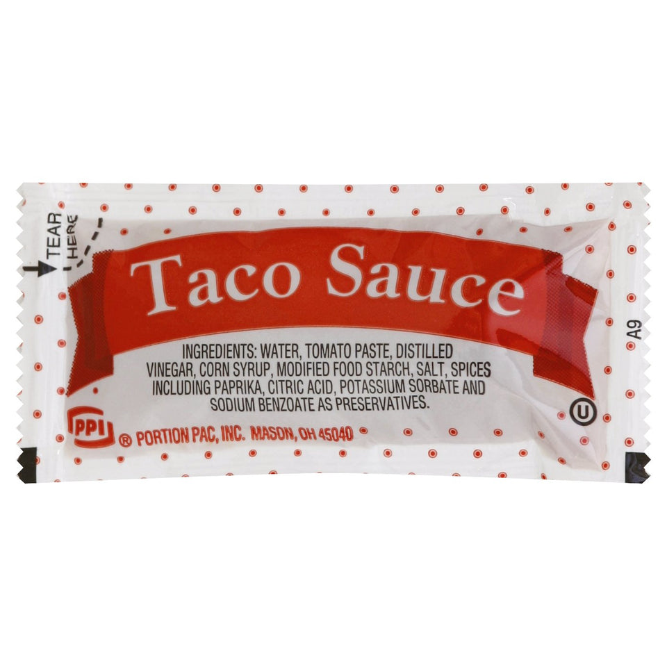 Portion Pack Taco Sauce single-serve packet close-up for quick taco prep.