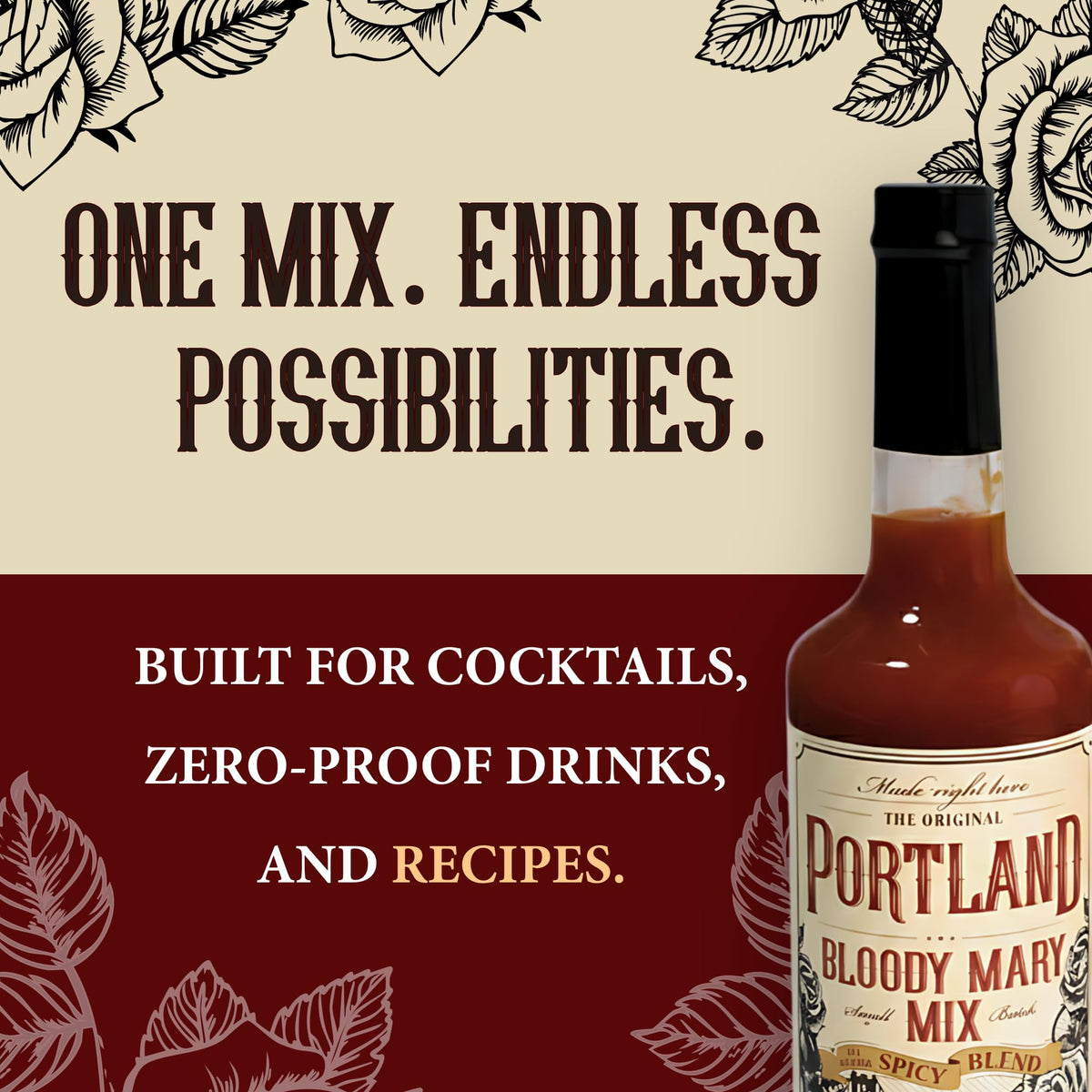 Small-batch Portland production label on Bloody Mary Mix bottle