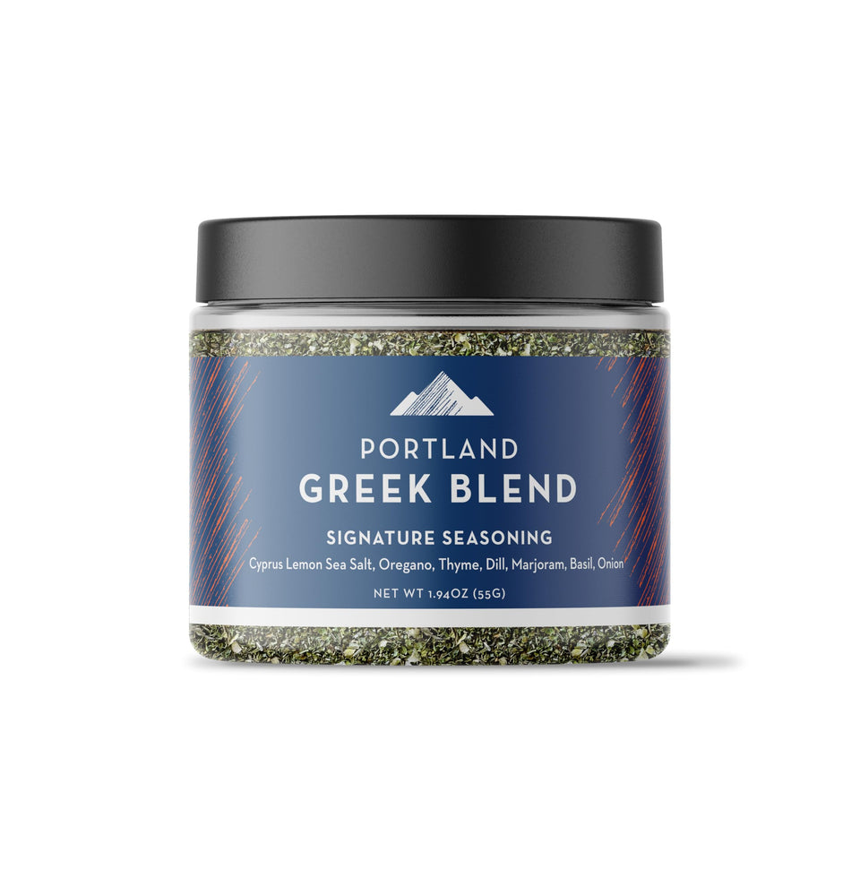 Portland Salt Co Greek Spice Blend jar closeup for versatile seasoning