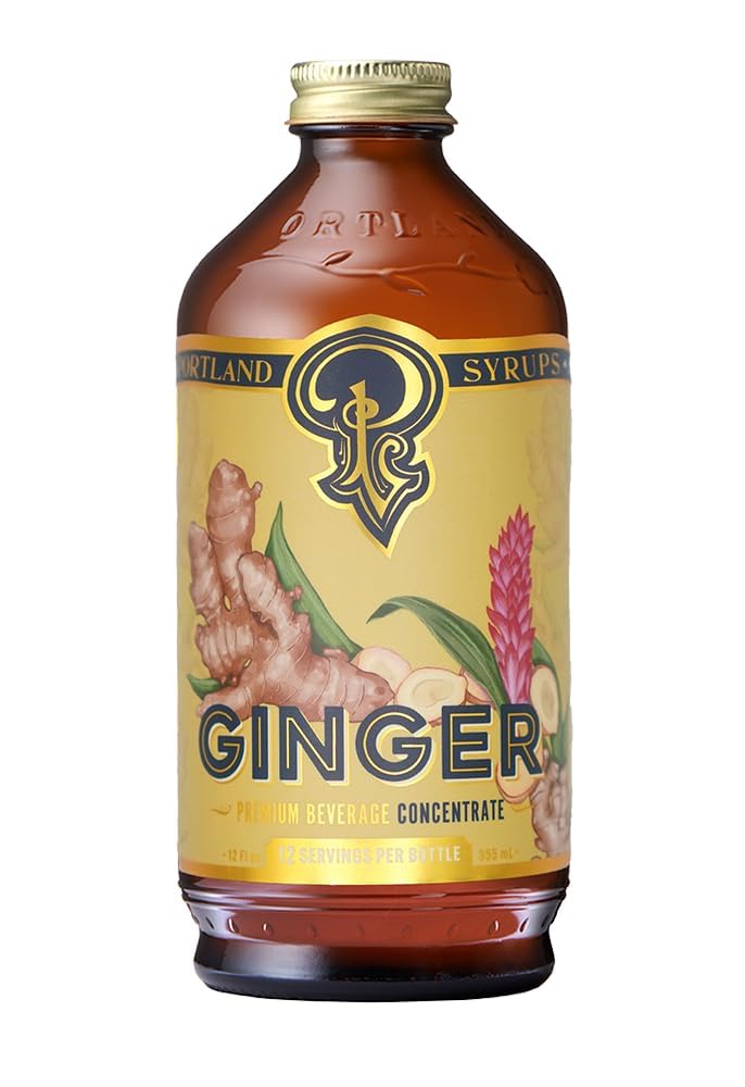 Portland Syrups Ginger Syrup bottle pour showing versatile flavoring for cocktails at home