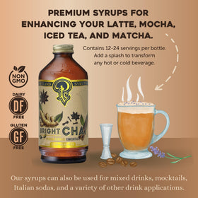 Portland Syrups Bright Chai Syrup bottle pour showing drizzle into coffee for bold spice