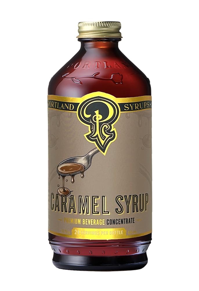 Portland Syrups Caramel Syrup bottle adding rich caramel flavor to drinks