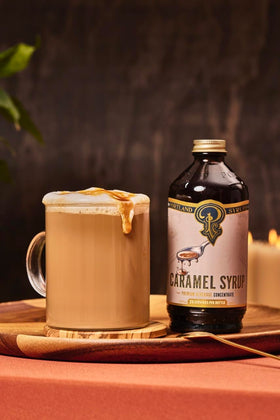 Portland Syrups Caramel Syrup coffee cup with latte art and sweetness
