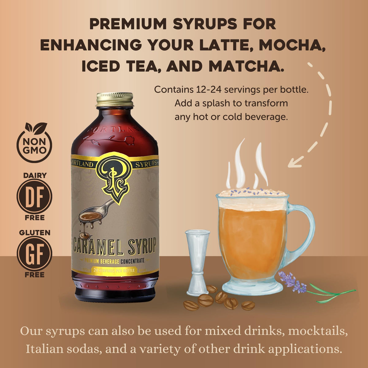 Portland Syrups Caramel Syrup being poured into coffee for sweetness