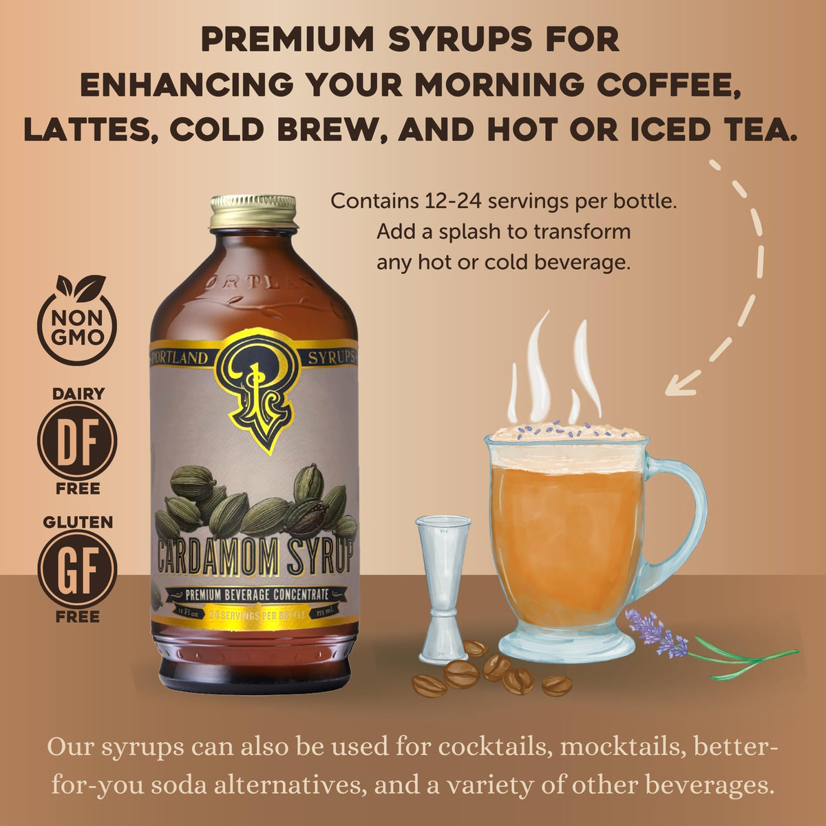 Dessert plate drizzled with Cardamom Syrup from Portland Syrups.