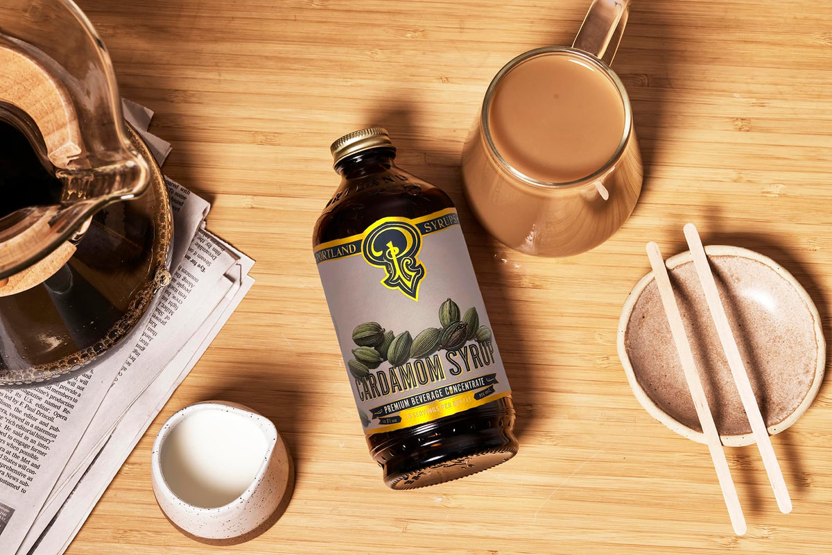 Packaging of Portland Syrups Cardamom Syrup highlighting natural ingredients.