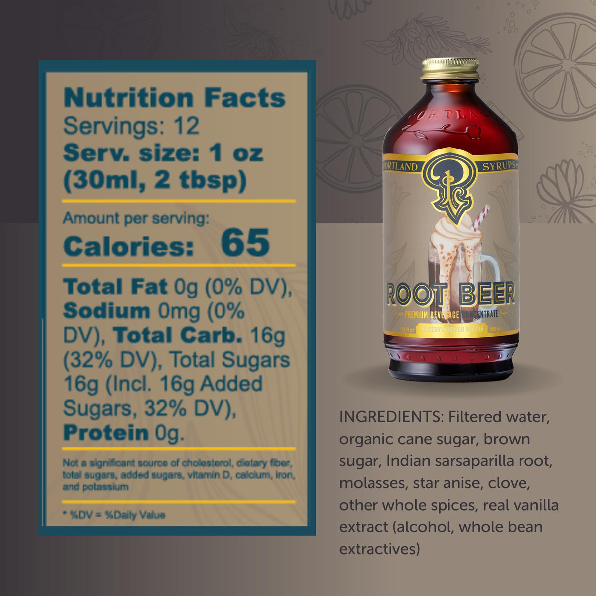 Craft ingredients highlight sarsaparilla and spices on Portland Syrups label