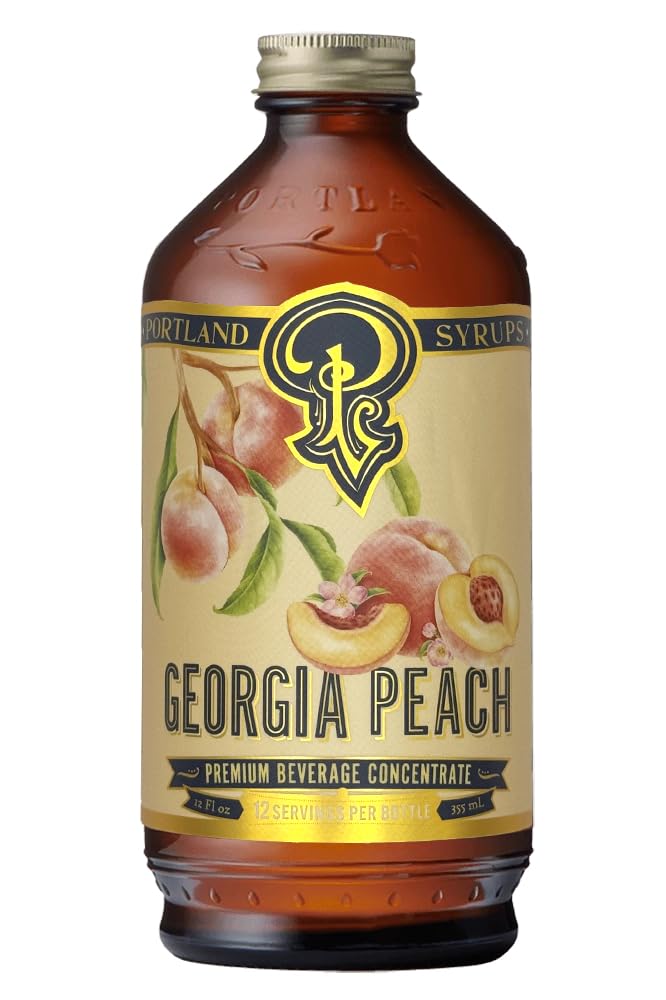 Portland Syrups Georgia Peach Syrup bottle showcasing authentic peach flavor to enhance coffee, tea, and cocktails.