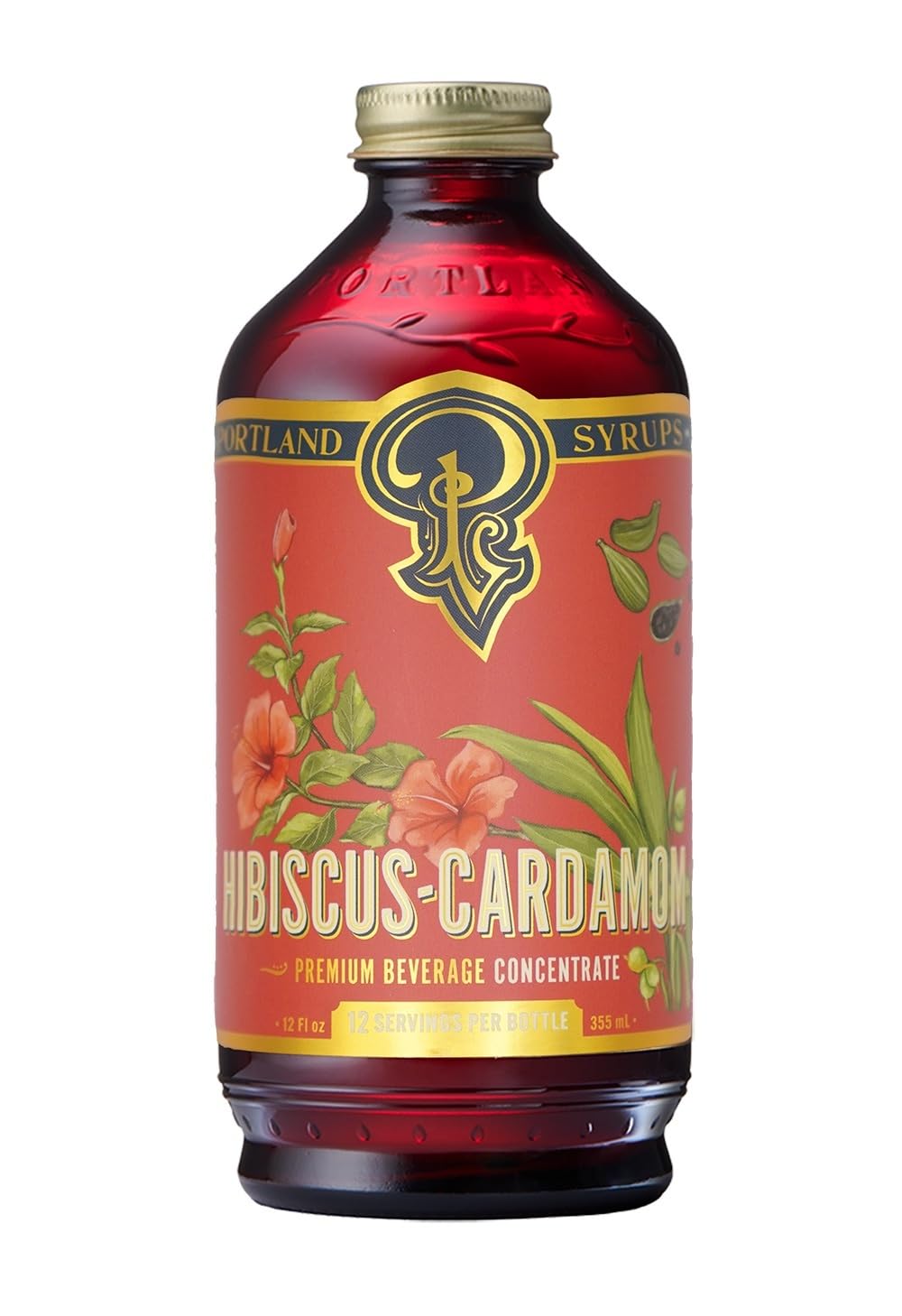 Portland Syrups Hibiscus Cardamom bottle highlighting bold berry notes for cocktails.
