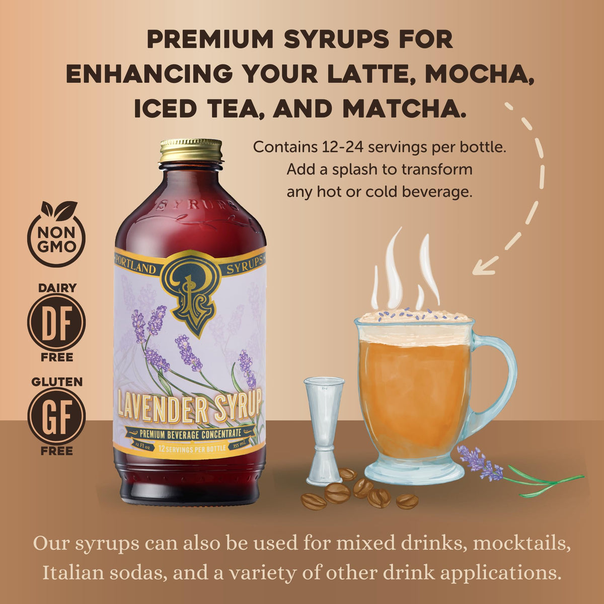 Portland Syrups Lavender Syrup pour demonstrates quick flavor boost for tea, coffee, or soda.